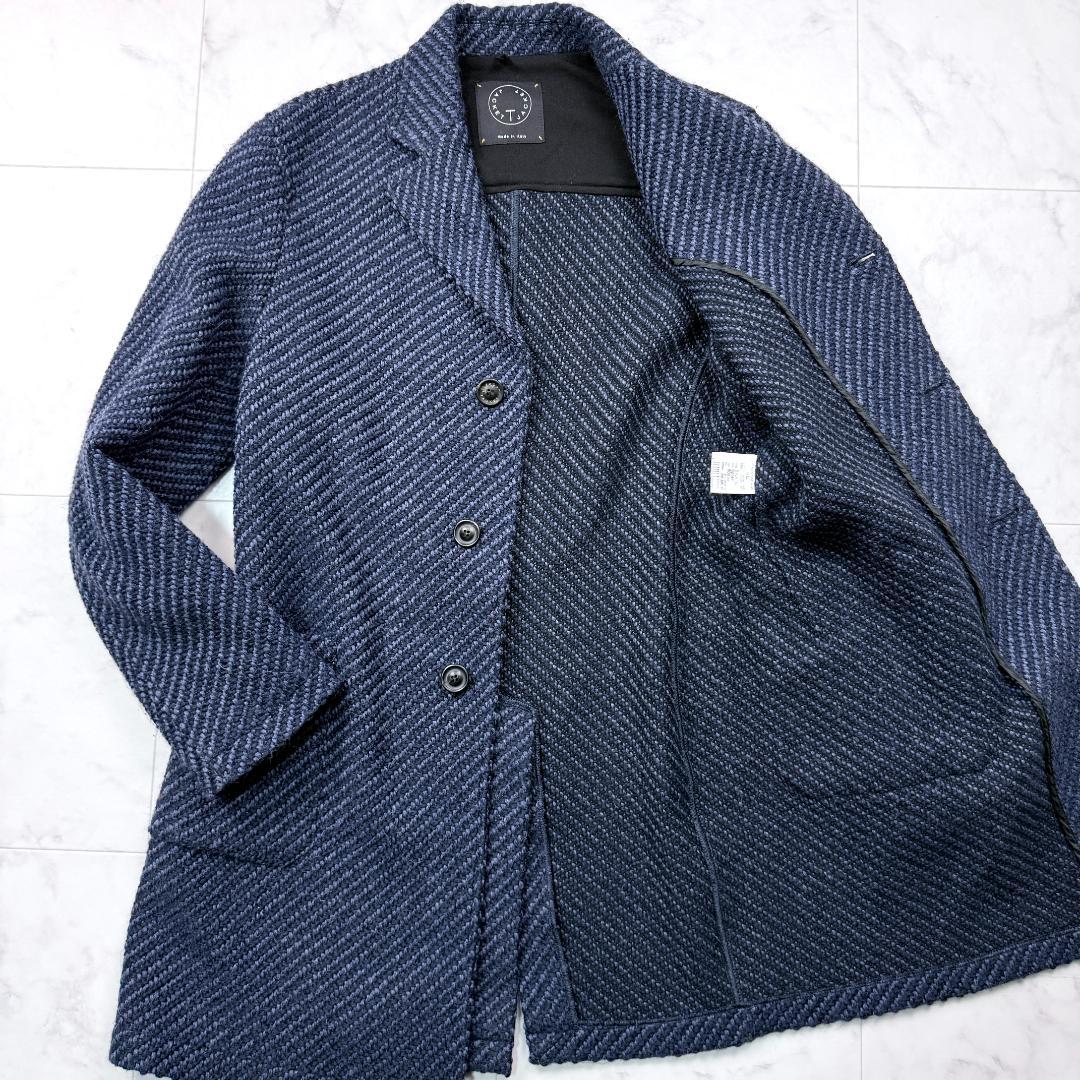 美品 T-JACKET コットンリネンニット ジャケットコート チェスター