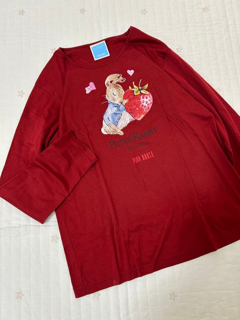 ピンクハウス　ピーターラビット　プリント　コラボ　カットソー　長袖　綿　赤　L