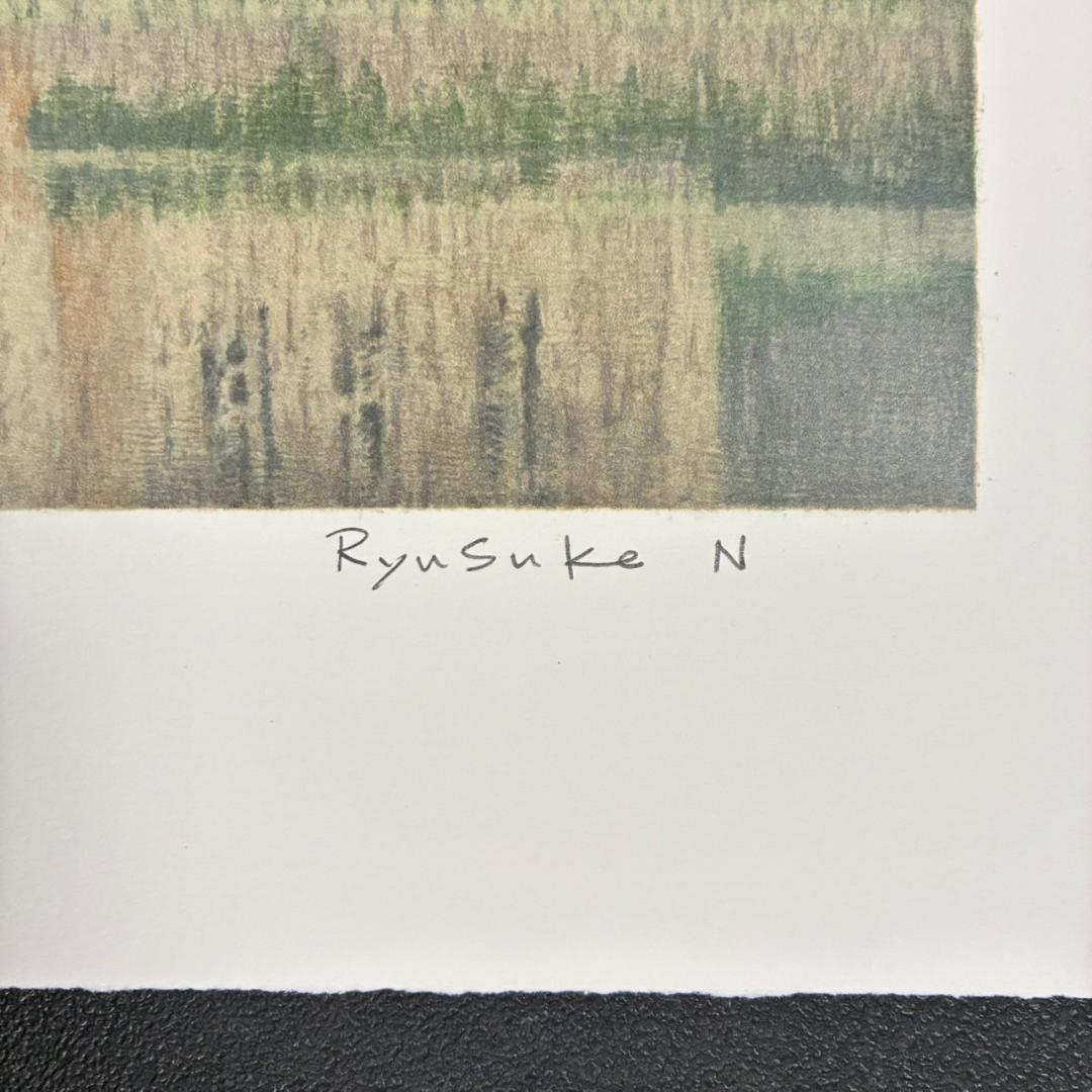 美品 西村龍介「湖の館」リトグラフ 直筆サイン入り 証明シール有 お洒落な額装