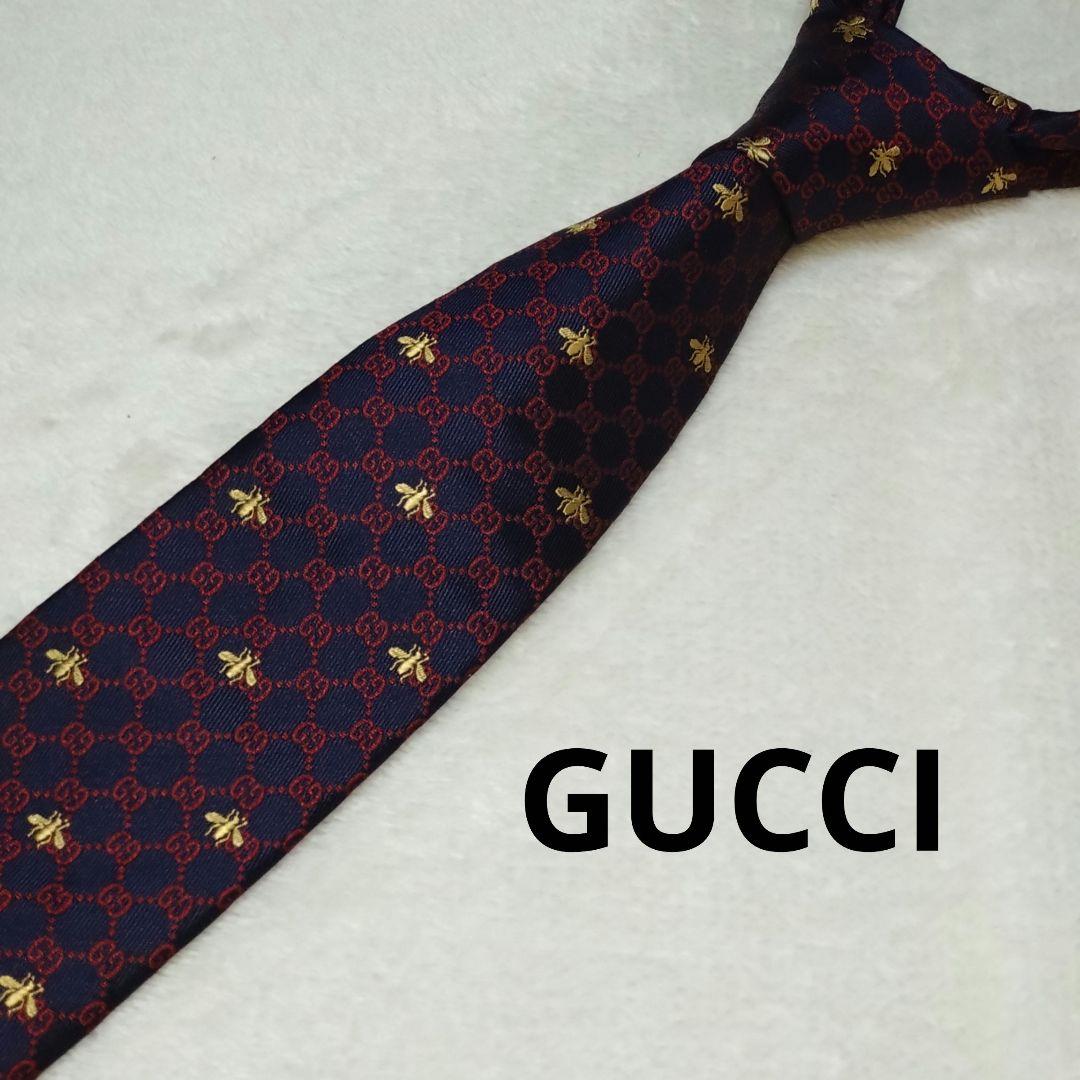 極美品■GUCCI　ネクタイ　GG Bee 蜂ビー　ネイビー系　未使用級　グッチ