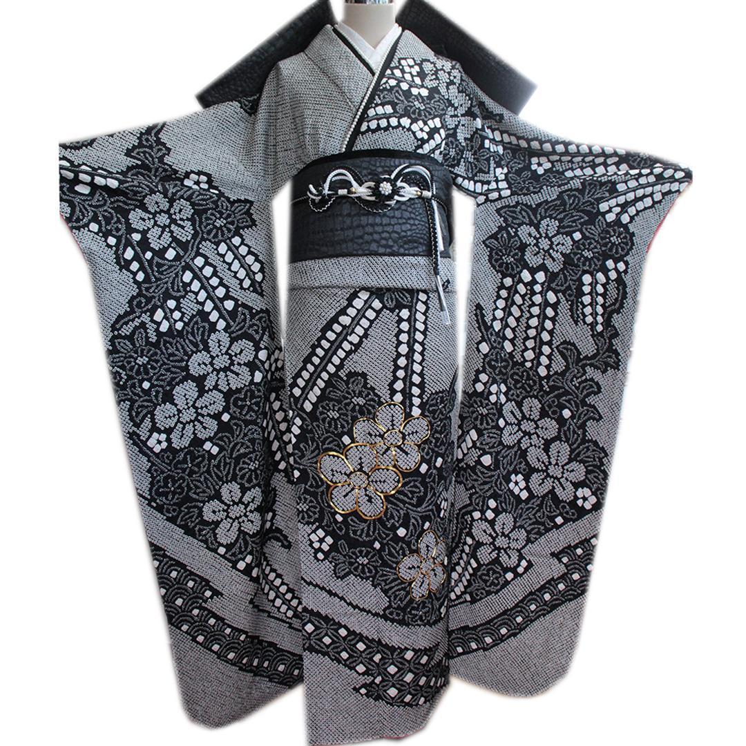 希少！モノトーン総絞り成人式振袖5点セット帯新品フルセットベロア帯揚げDB37