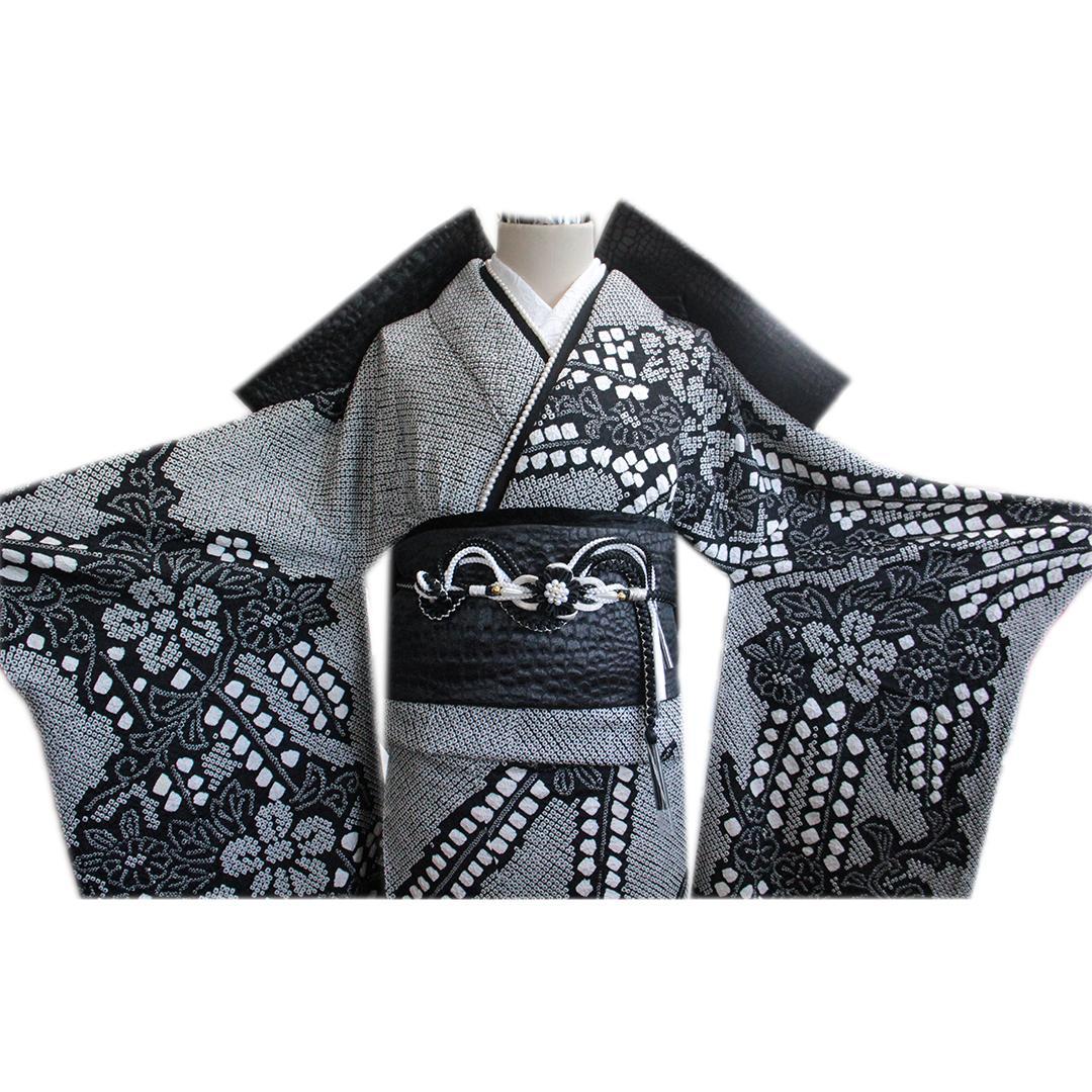 希少！モノトーン総絞り成人式振袖5点セット帯新品フルセットベロア帯揚げDB37