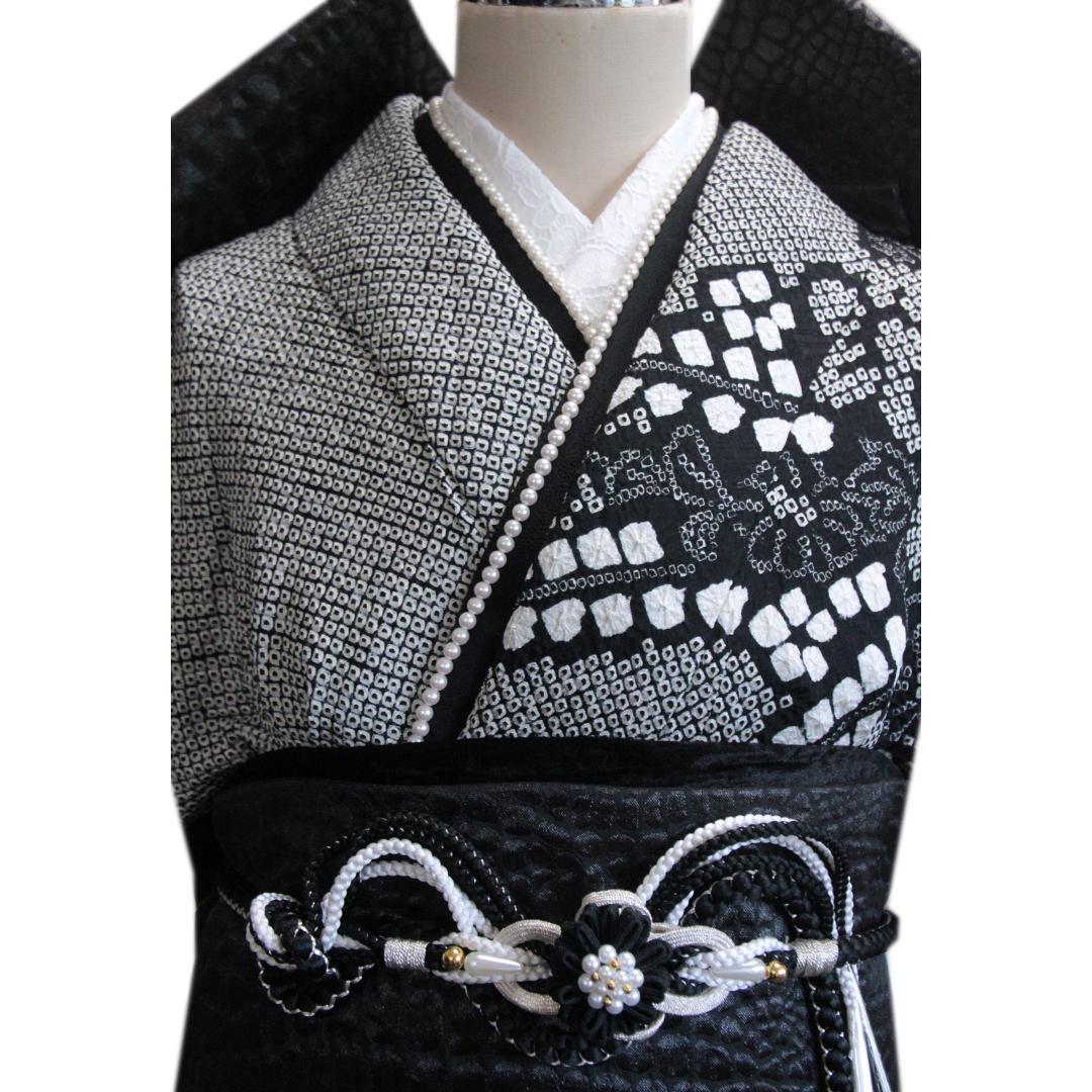 希少！モノトーン総絞り成人式振袖5点セット帯新品フルセットベロア帯揚げDB37