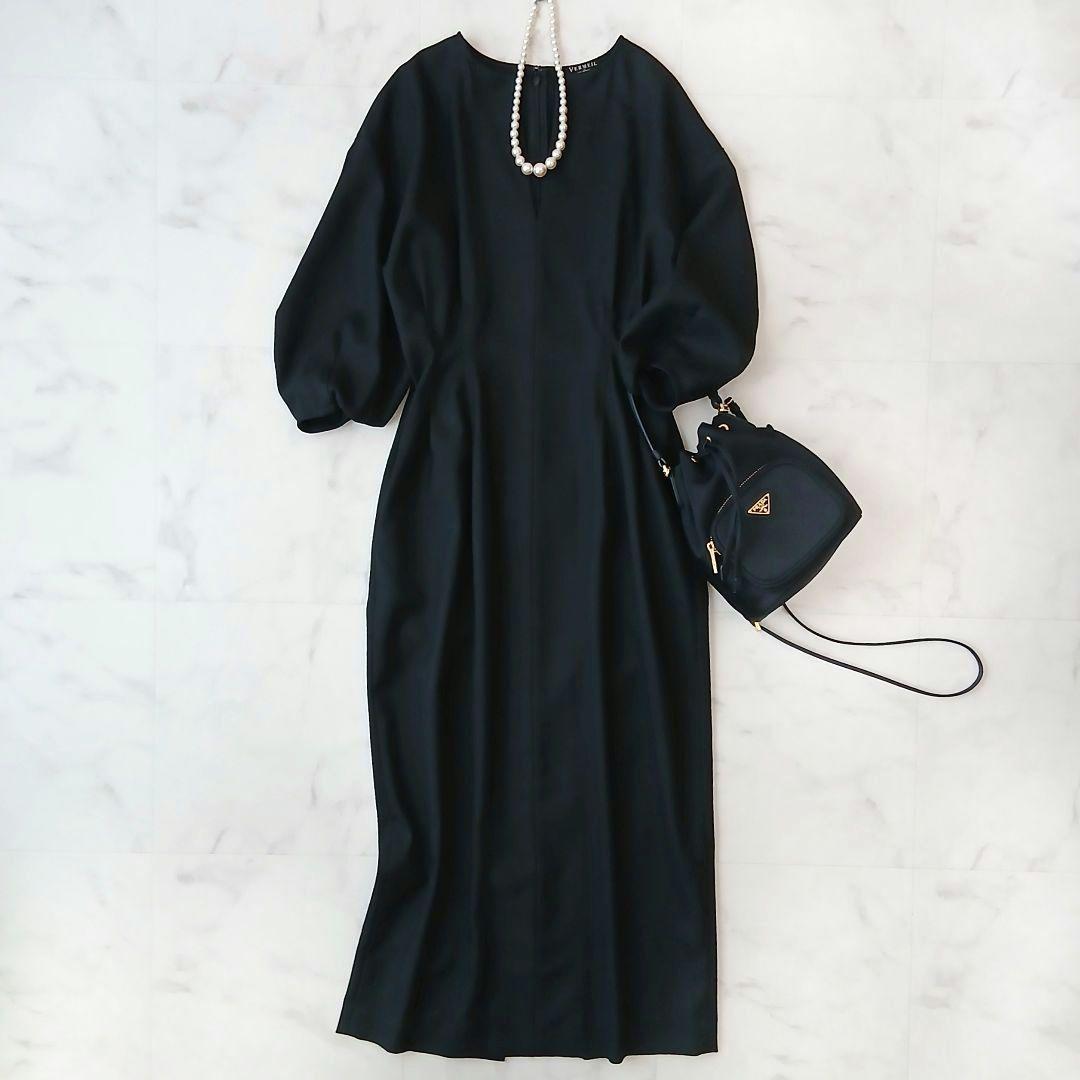 美品 ヴェルメイユパーイエナ ツイルウエストシェイプ パフスリーブワンピース S