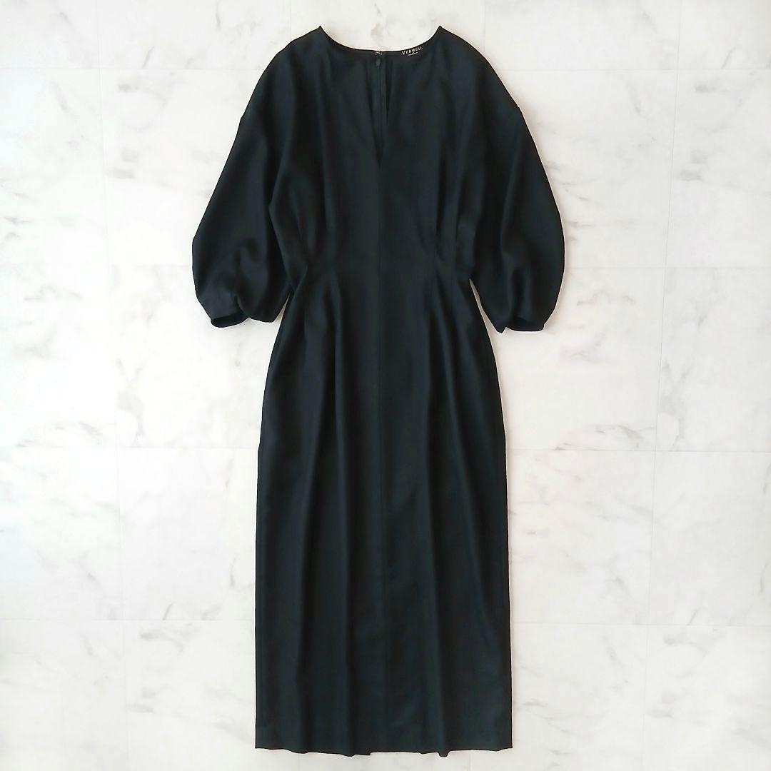 美品 ヴェルメイユパーイエナ ツイルウエストシェイプ パフスリーブワンピース S