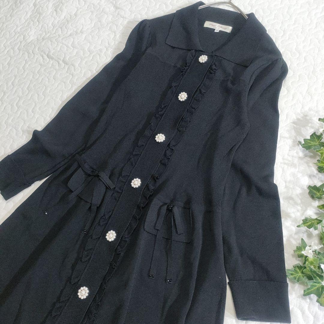 美品✨スーパービューティー　レーヨンニット　ビジューボタンワンピース　黒　42