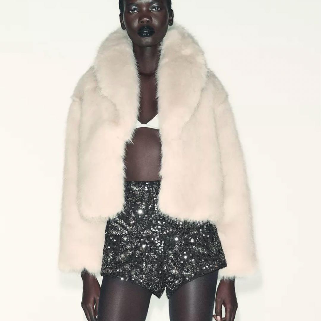 ZARA フェイクファーショートコートラペルカラー XS 新品 エクリュ