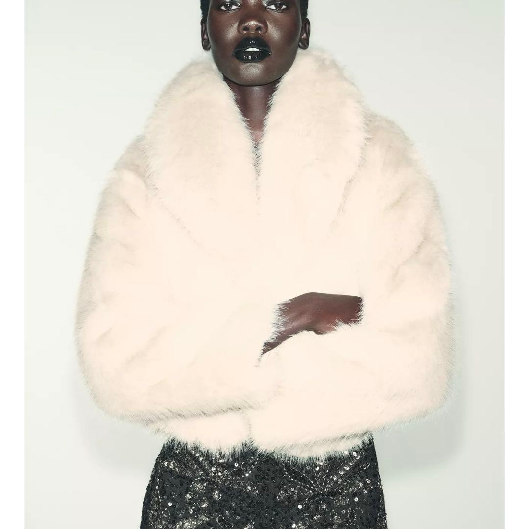 ZARA フェイクファーショートコートラペルカラー XS 新品 エクリュ