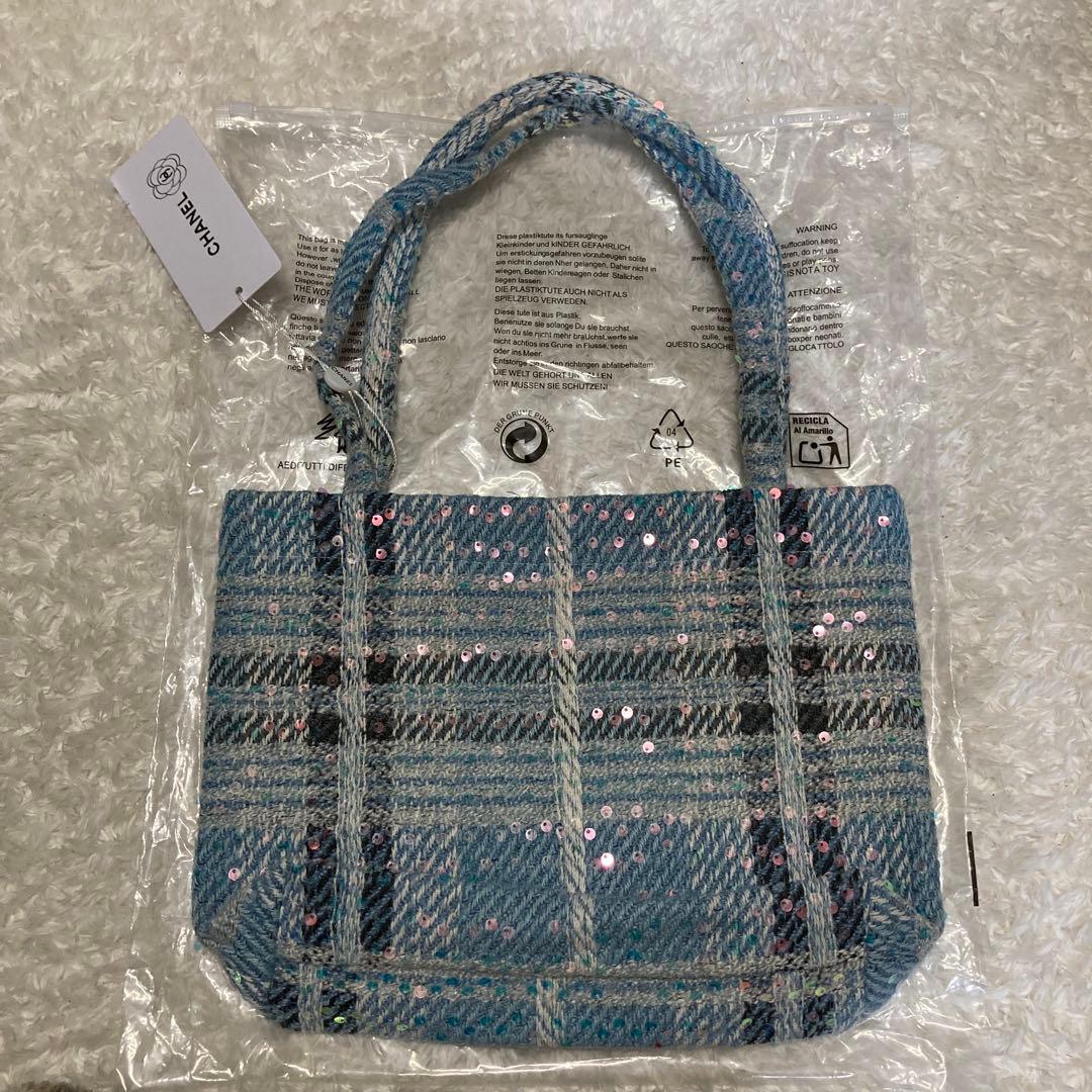 CHANEL ツイードトートバッグ　スパンコール　水色