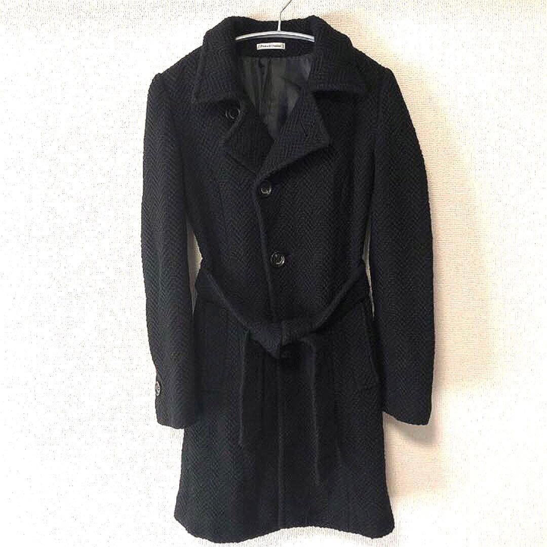 ピンキーアンドダイアン ベルト付きツイードロングコート M ブラック【美品】