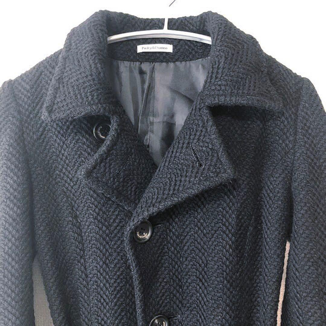 ピンキーアンドダイアン ベルト付きツイードロングコート M ブラック【美品】