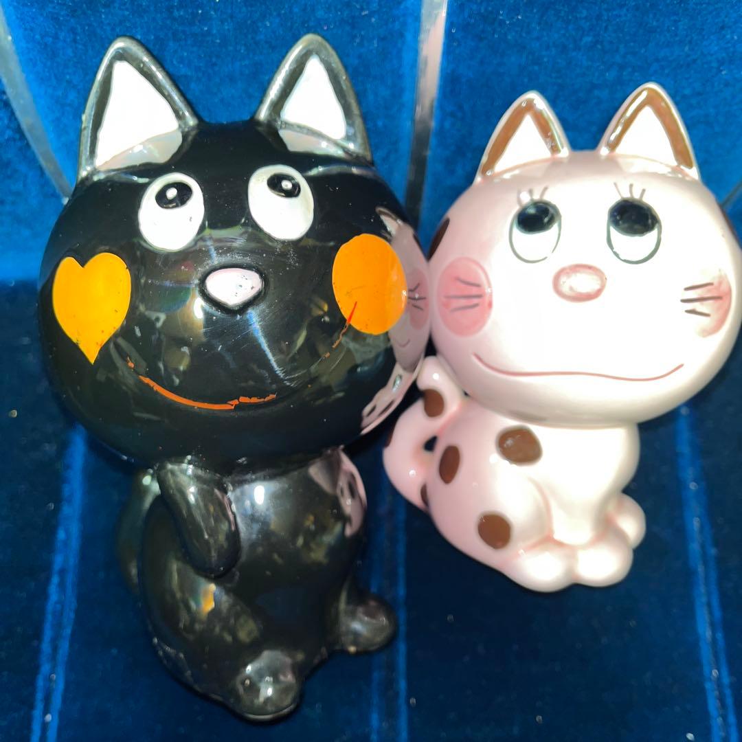 昭和レトロ 内藤ルネ 猫 貯金箱 陶器製 2体 ネコ 当時物 ファンシー