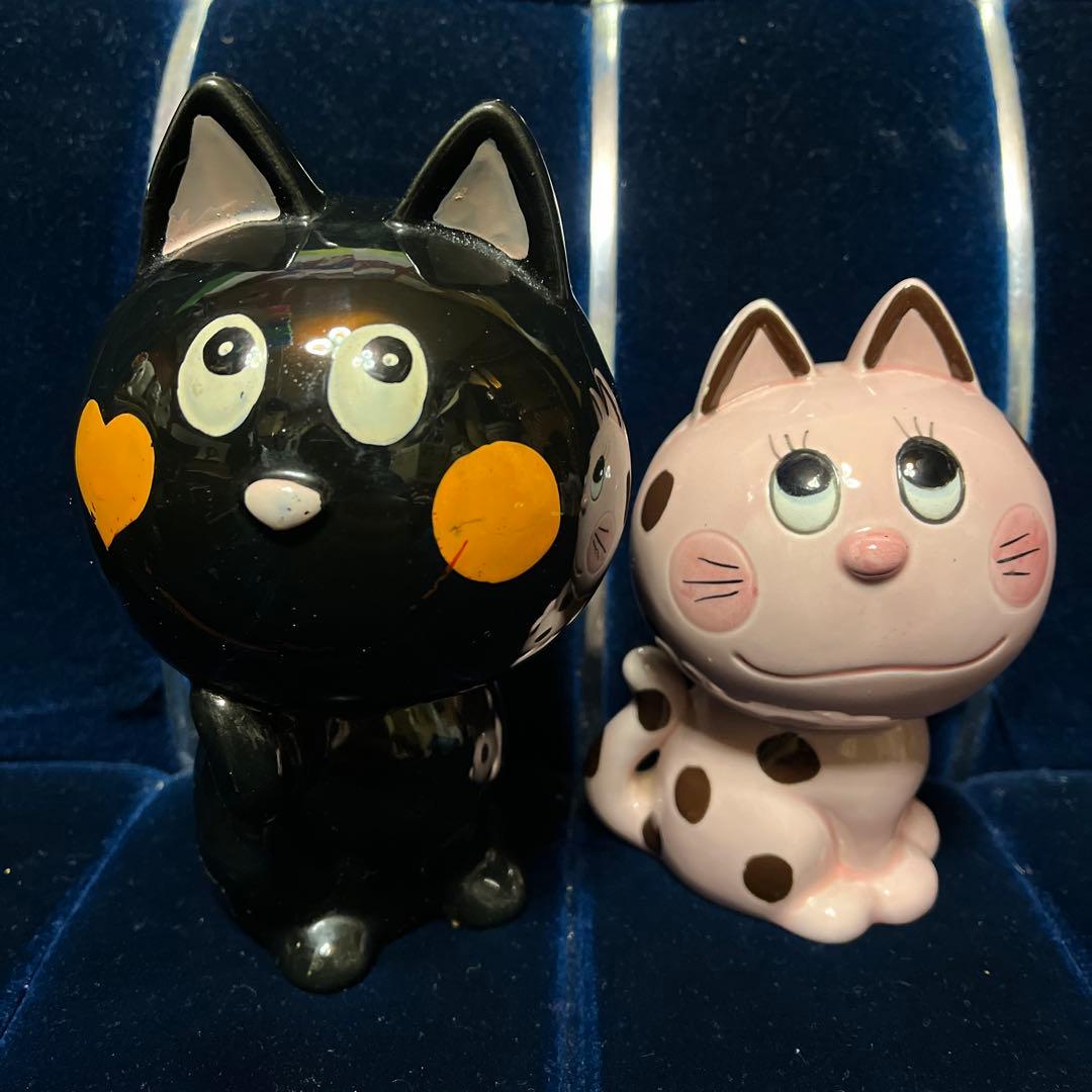 昭和レトロ 内藤ルネ 猫 貯金箱 陶器製 2体 ネコ 当時物 ファンシー