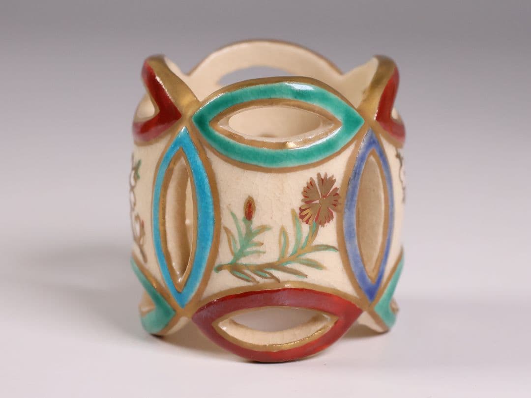 茶道具 清閑寺窯 杉田祥平 色絵四季七宝 蓋置 共箱 陶芸【CM334】