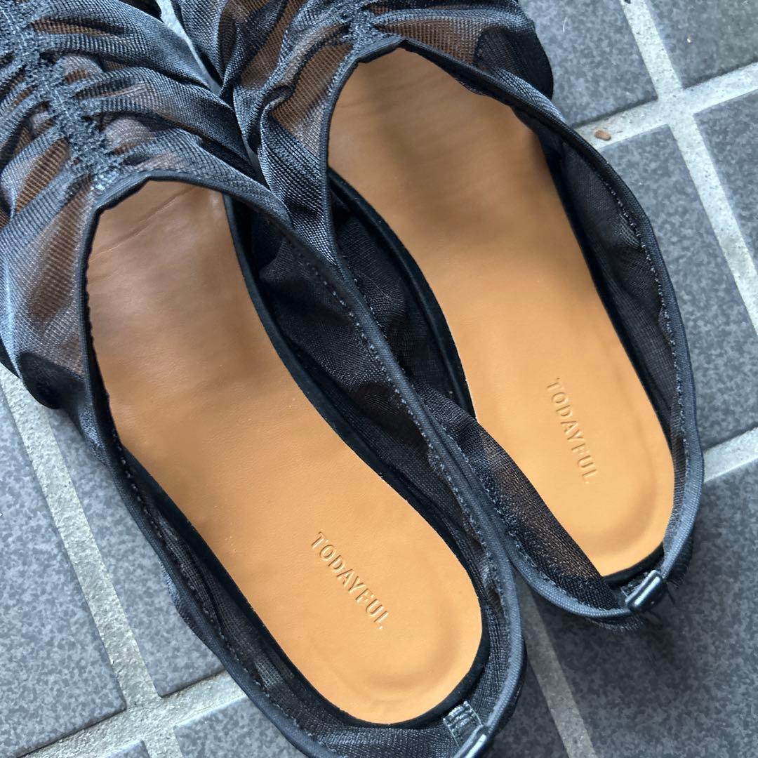 靴 TODAYFUL Sheer Gather Flatshoes37 BLACK