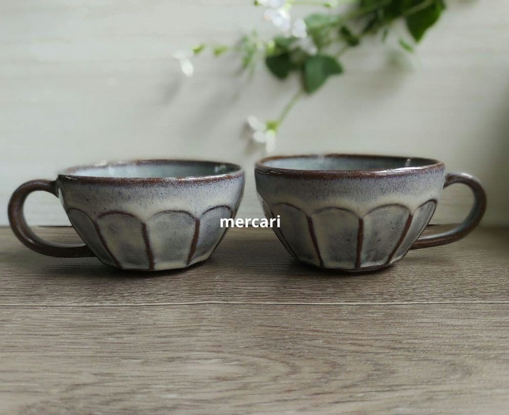 【専用です】クリーム色ポット　クリーム色湯のみ3つ　薄灰茶スープカップ2つ　陶芸