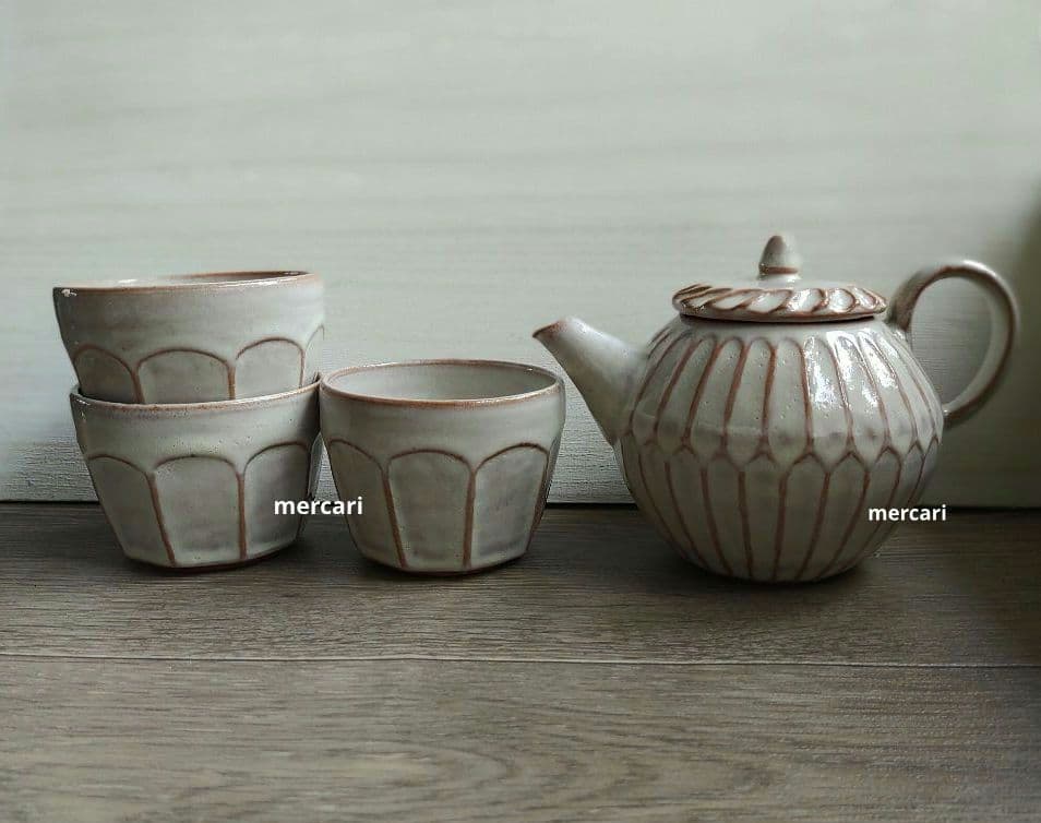 【専用です】クリーム色ポット　クリーム色湯のみ3つ　薄灰茶スープカップ2つ　陶芸