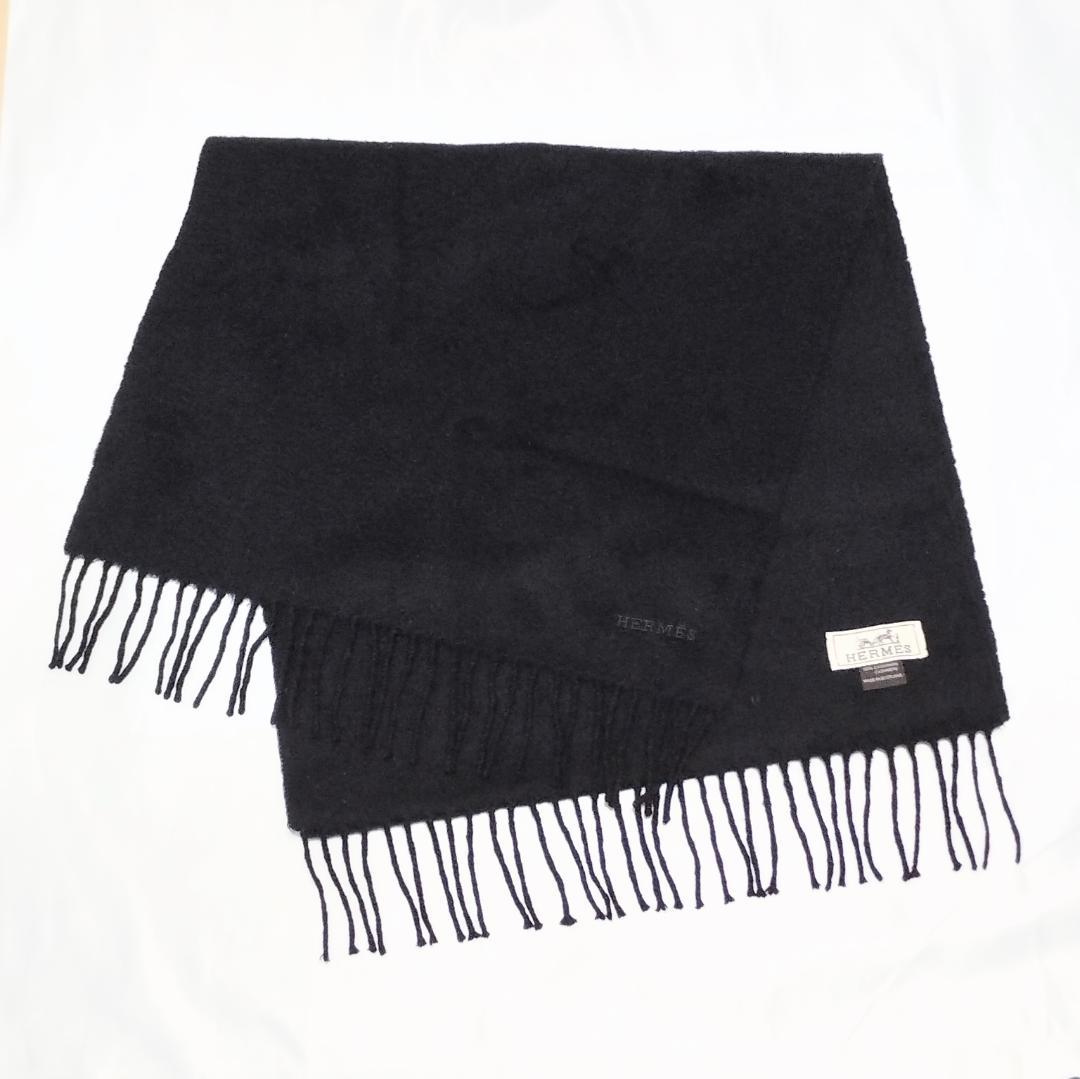 HERMES エルメス カシミヤ ロゴ マフラー ブラック レディース