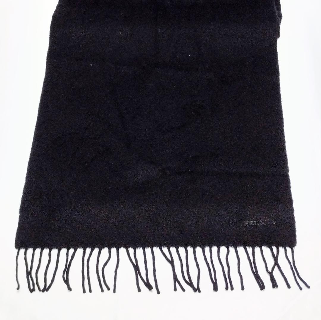 HERMES エルメス カシミヤ ロゴ マフラー ブラック レディース