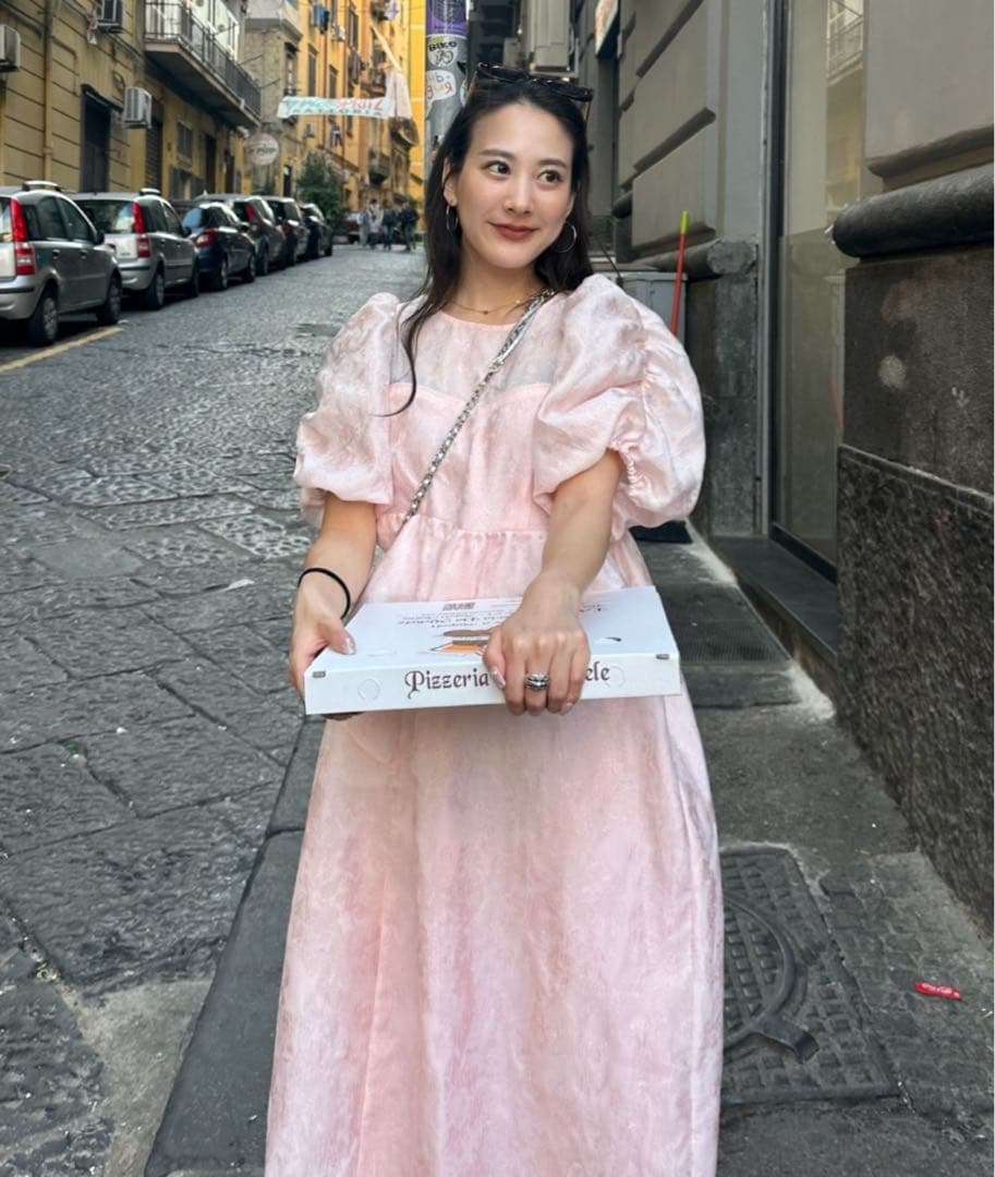 バブルスリーブジャガードドレス　ピンク　Mサイズ