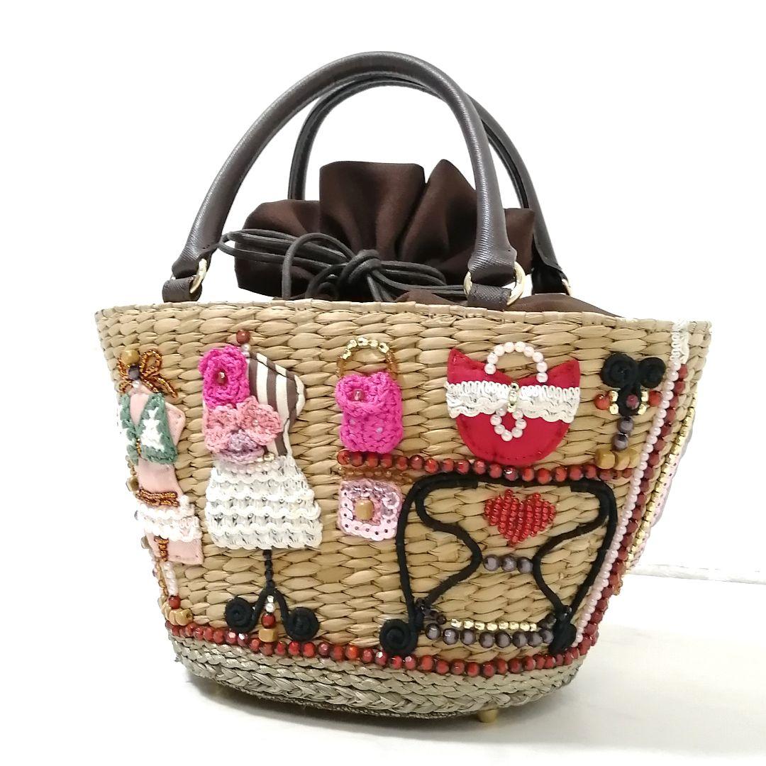 極美品✨ アルファジル　かごバッグ　ビーズ　ハンドバッグ　巾着　茶