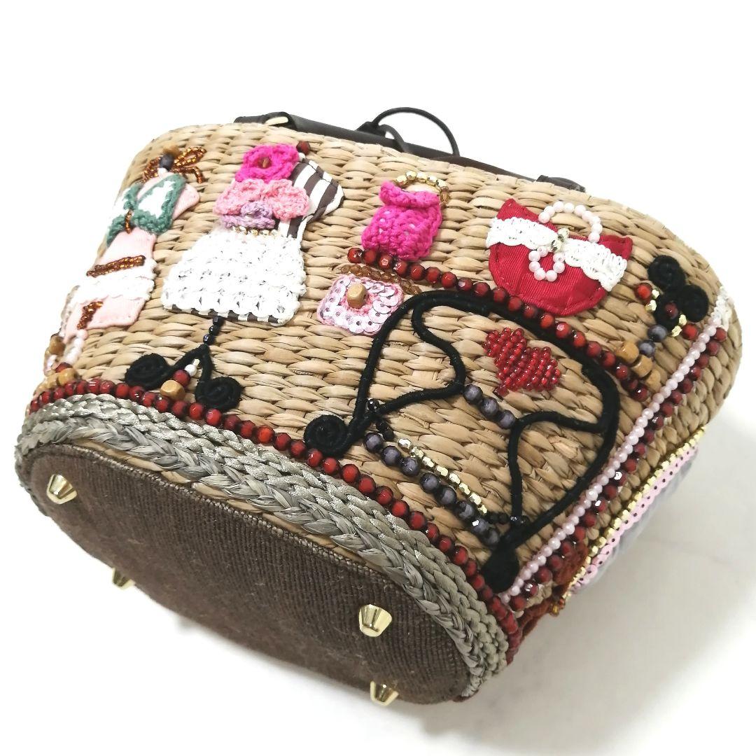 極美品✨ アルファジル　かごバッグ　ビーズ　ハンドバッグ　巾着　茶