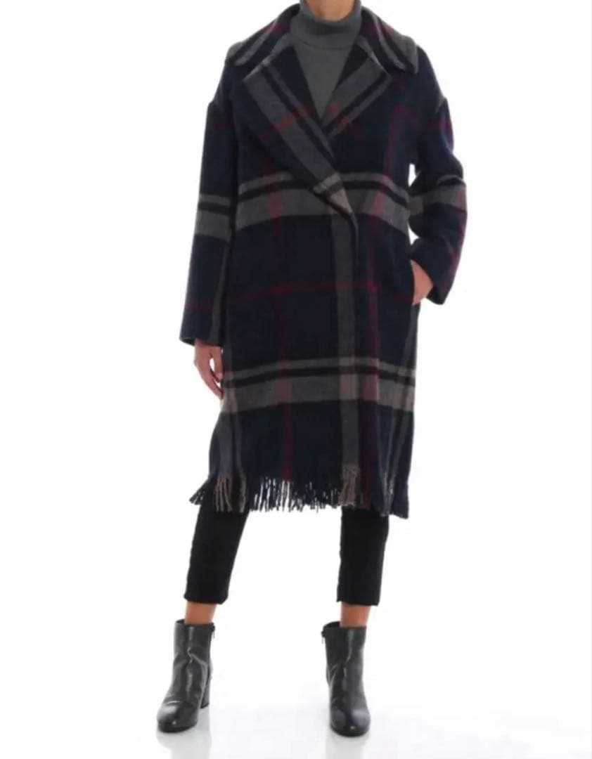 エス マックスマーラ チェック ピュア ウール ロングコート 36 ネイビー
