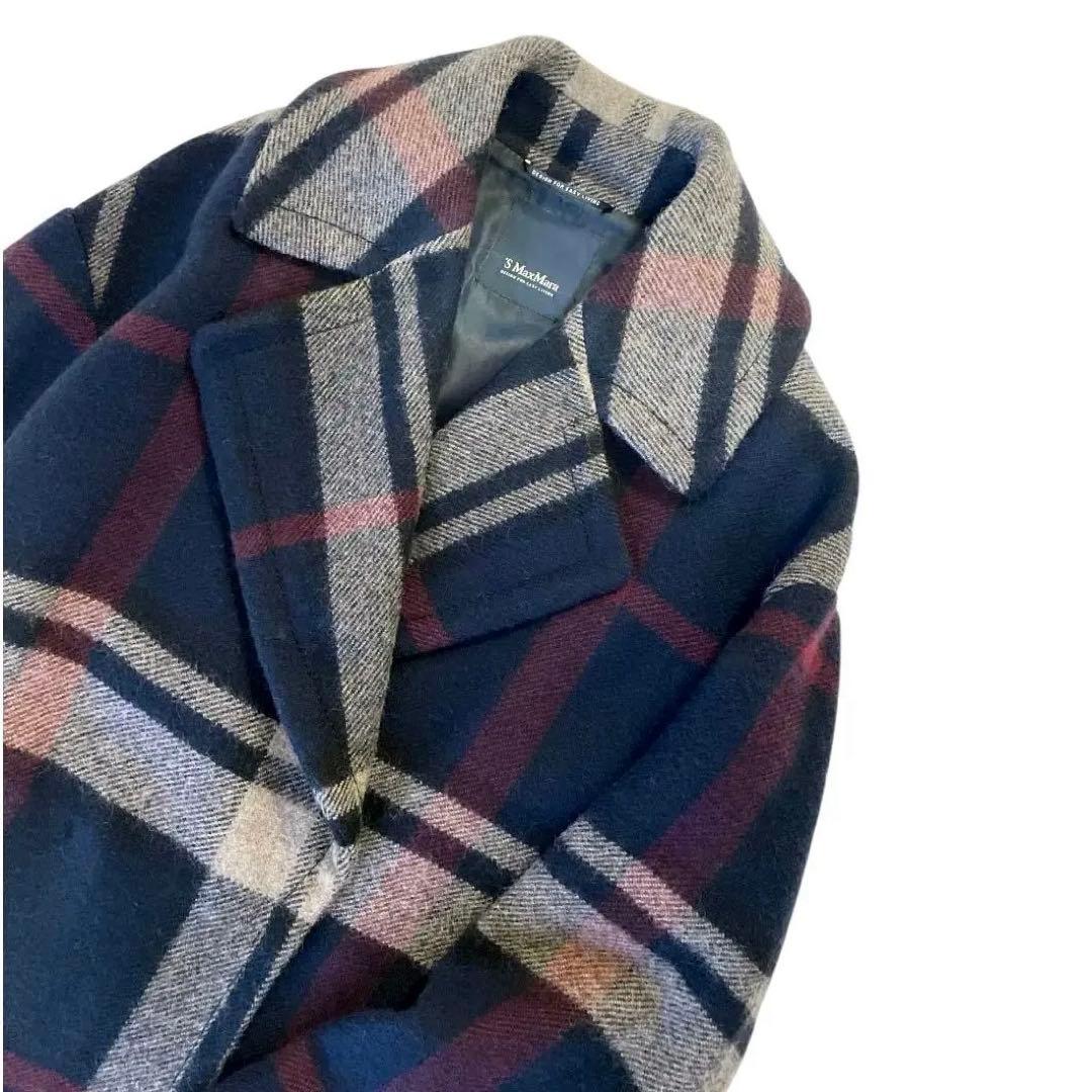 エス マックスマーラ チェック ピュア ウール ロングコート 36 ネイビー