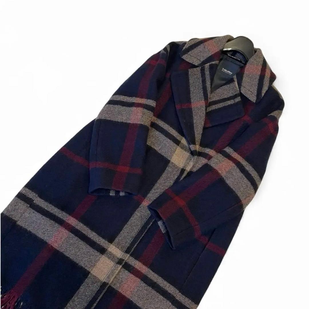 エス マックスマーラ チェック ピュア ウール ロングコート 36 ネイビー