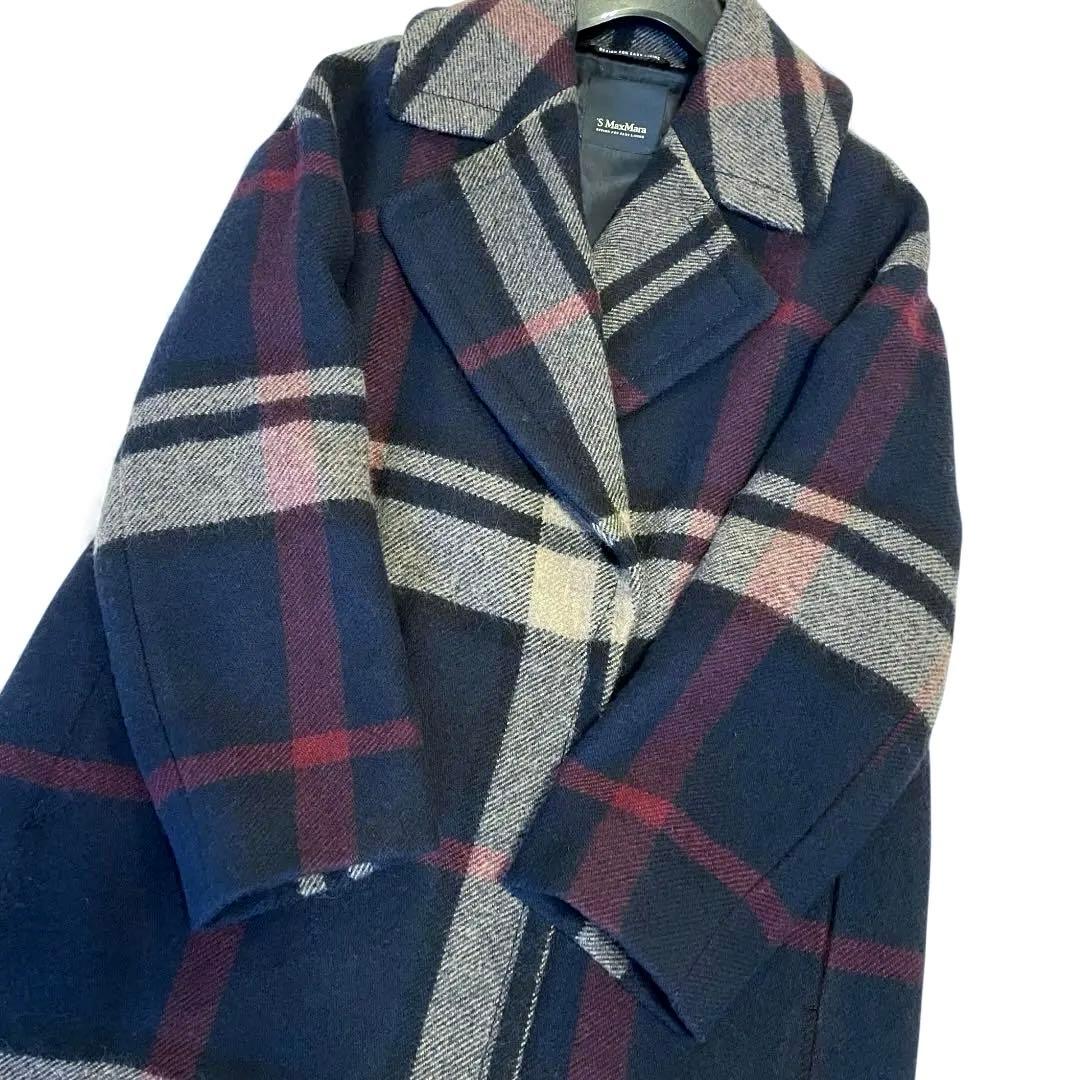 エス マックスマーラ チェック ピュア ウール ロングコート 36 ネイビー