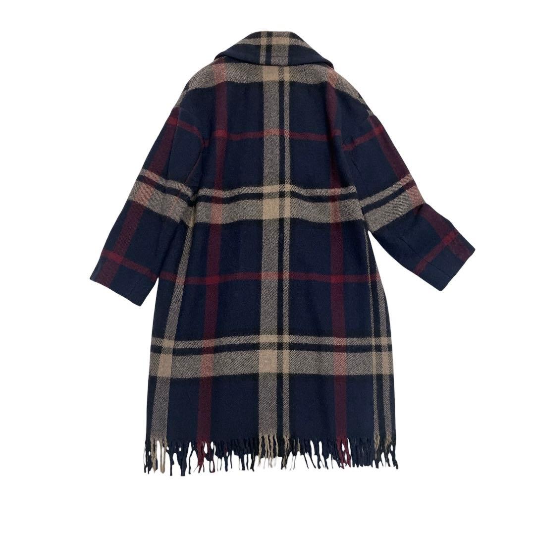 エス マックスマーラ チェック ピュア ウール ロングコート 36 ネイビー