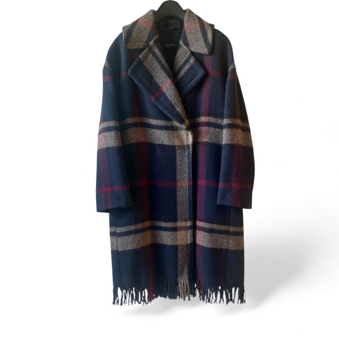 エス マックスマーラ チェック ピュア ウール ロングコート 36 ネイビー