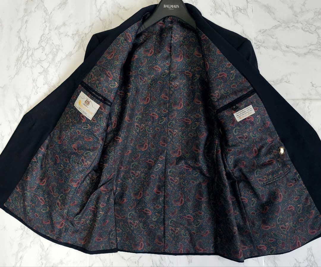 【美品 高級◎】アクアスキュータム 紺ブレ ペイズリー柄 カシミヤ混 英国製 L