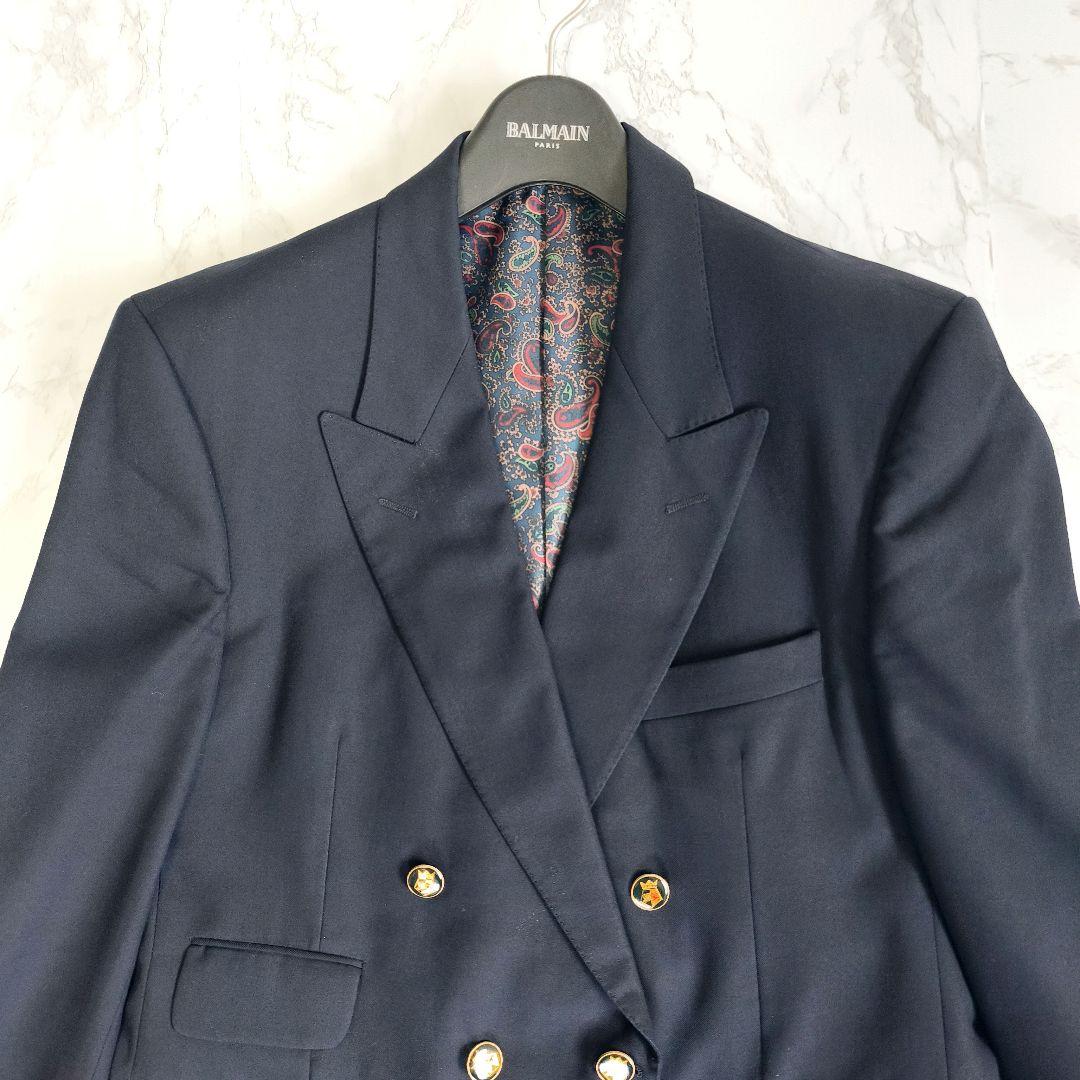 【美品 高級◎】アクアスキュータム 紺ブレ ペイズリー柄 カシミヤ混 英国製 L