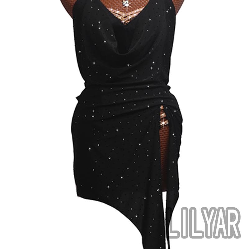 豪華キラキラブラック 社交ダンス ラテンワンピースドレス 競技会・パーティー用