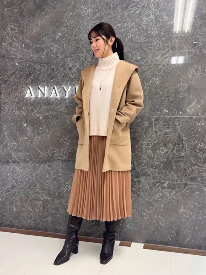 ☆ほぼ未使用☆ANAYI カシミアタッチ　バイカラーフードコート　キャメル