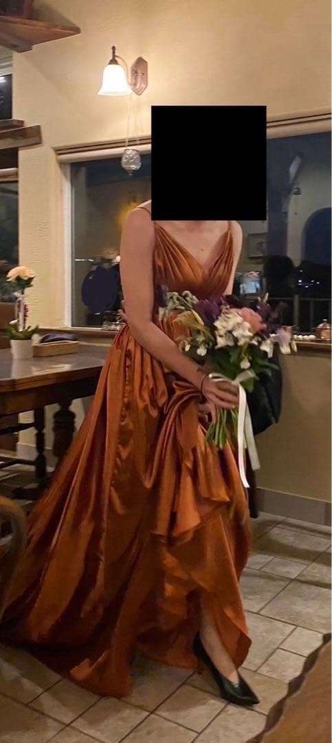 【美晴ドレス】テラコッタＶネック　カラーロングドレス　Ｍサイズ