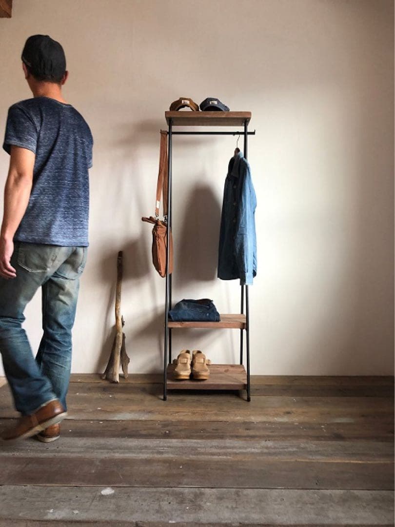 数量限定　特別価格　ハンガーラック　アイアン　古材　2段収納　コンパクト