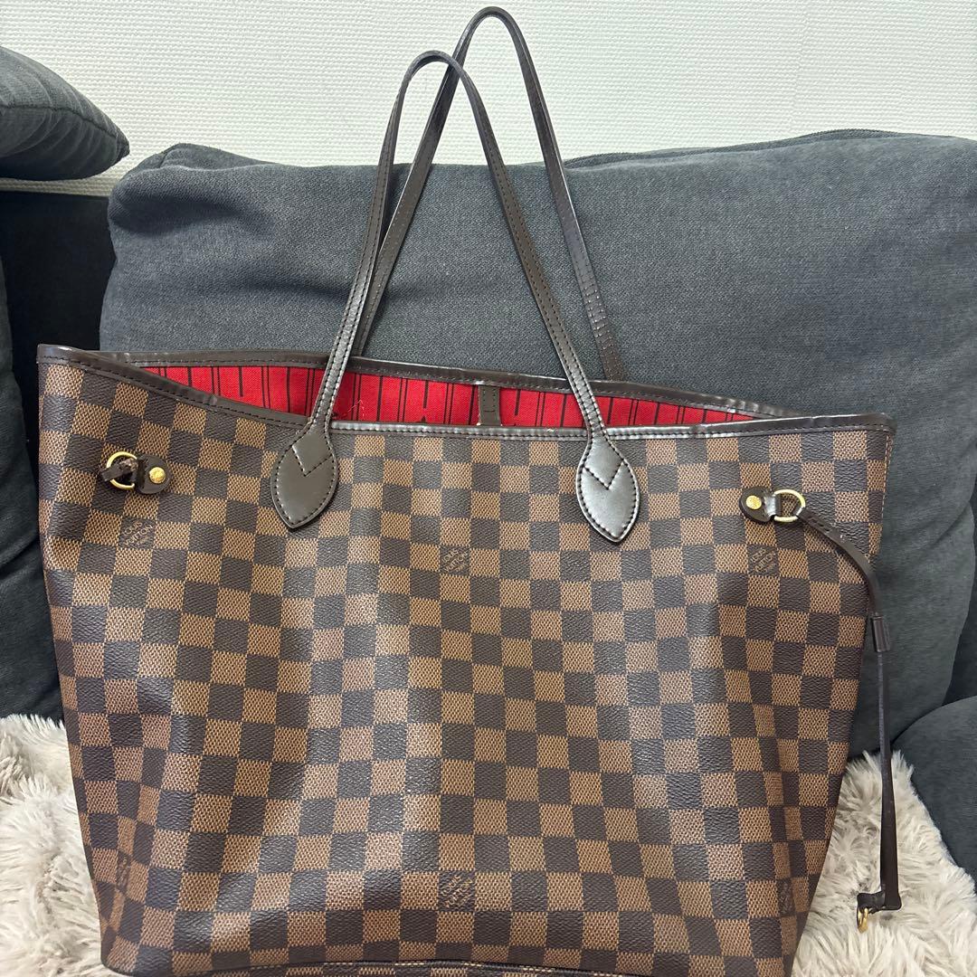 ダミエパターン ブラウンレザートートバッグ