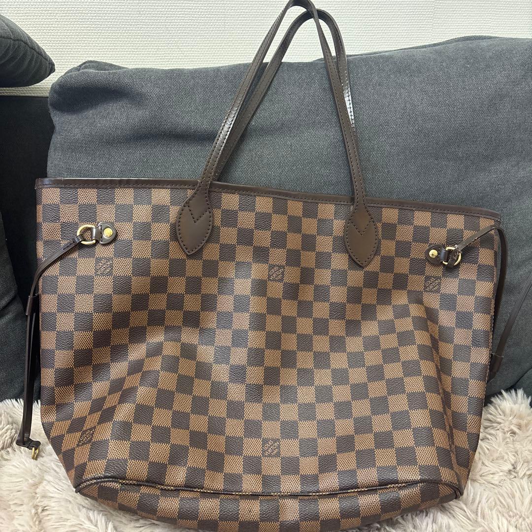 ダミエパターン ブラウンレザートートバッグ