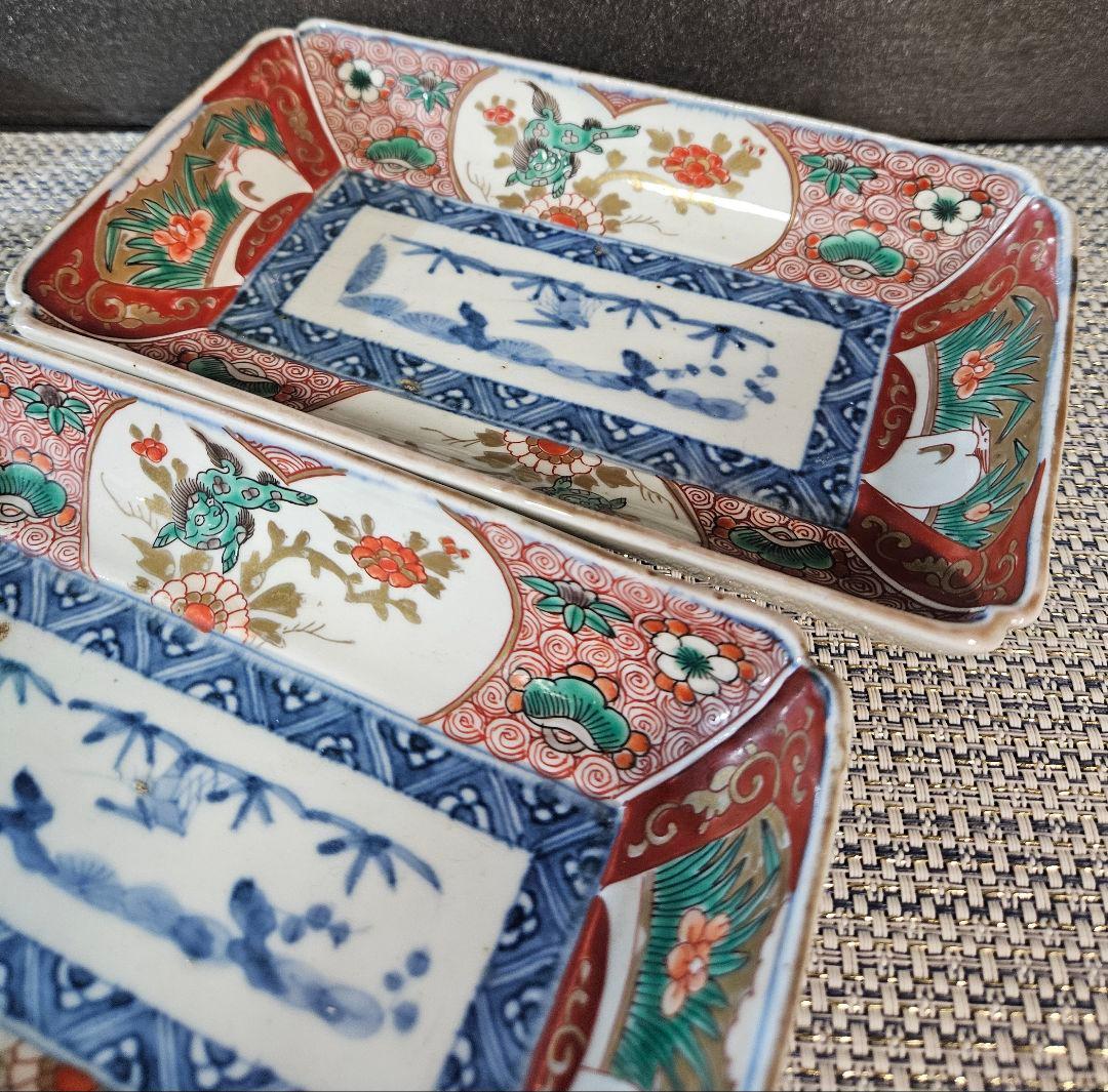 江戸時代末期　古伊万里　錦手　松竹梅に 獅子に菖蒲に鷺図　19.5cm長皿2客③