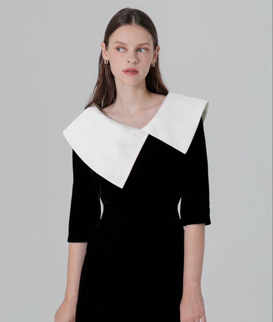 【LEJA】配色アシンメトリービッグカラーベロアマーメイドシルエットドレス