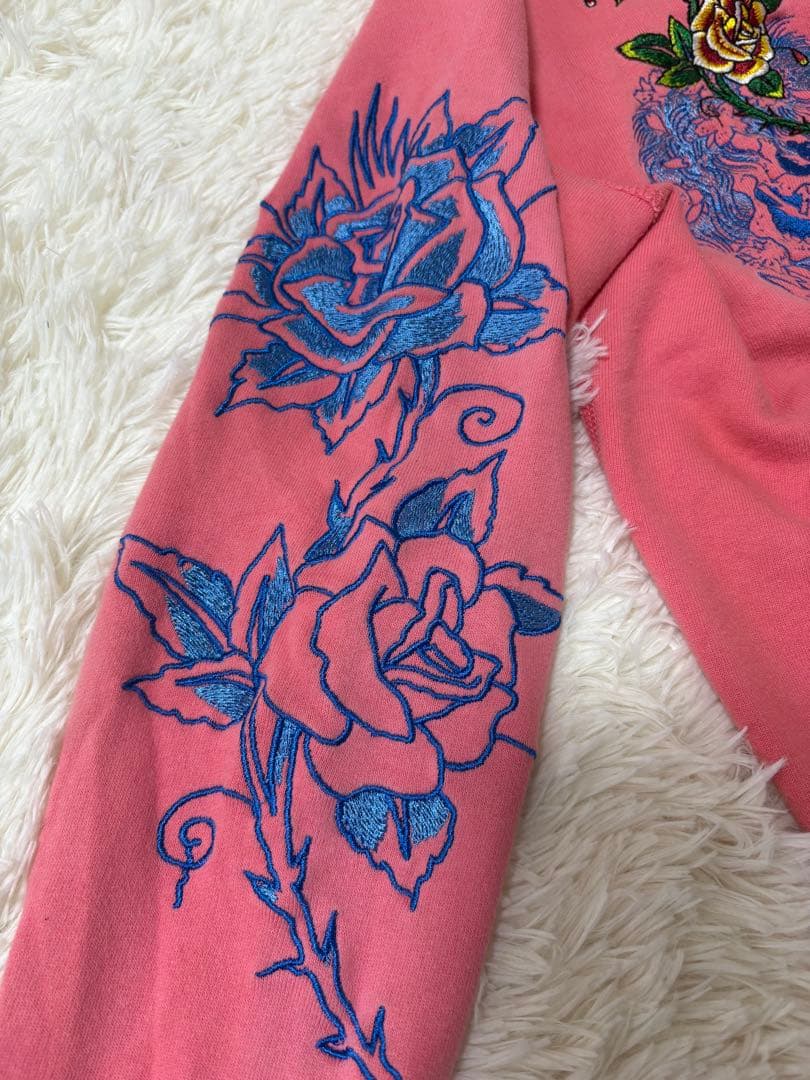 エドハーディ ピンク 刺繍ジップパーカー 花×骸骨 難あり