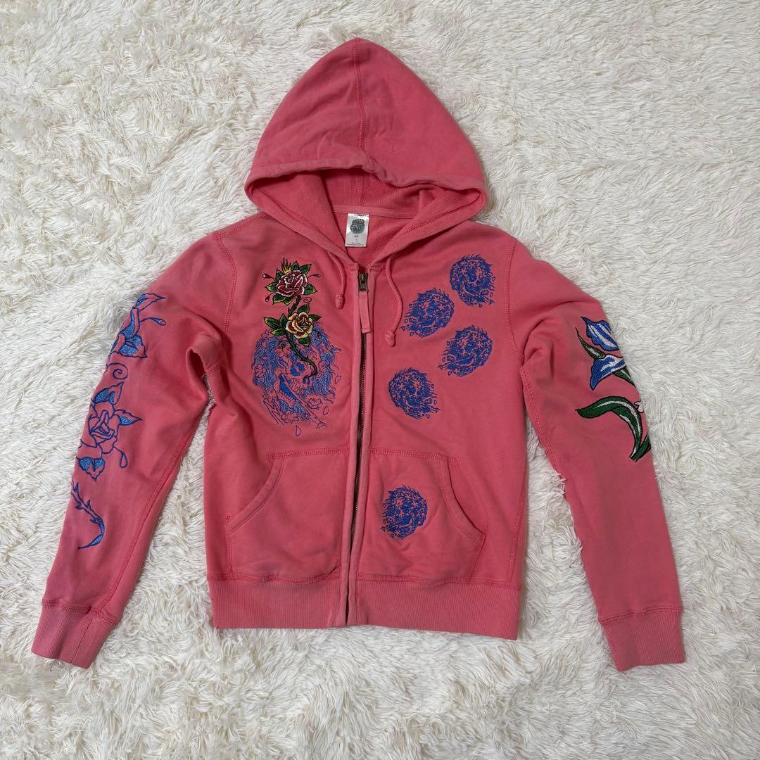 エドハーディ ピンク 刺繍ジップパーカー 花×骸骨 難あり