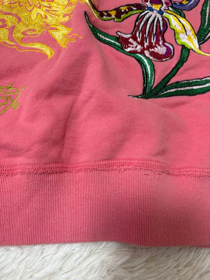 エドハーディ ピンク 刺繍ジップパーカー 花×骸骨 難あり