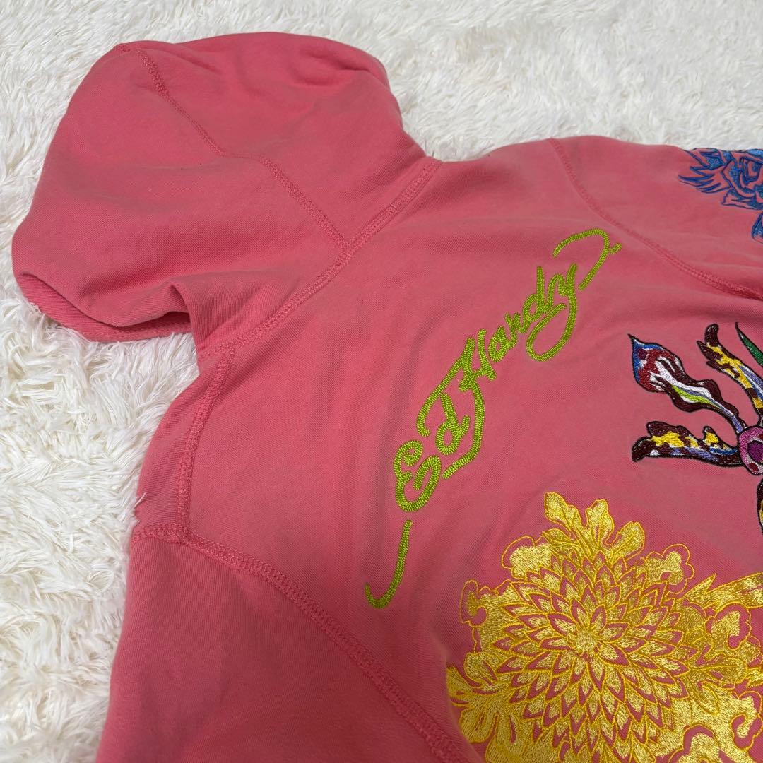 エドハーディ ピンク 刺繍ジップパーカー 花×骸骨 難あり