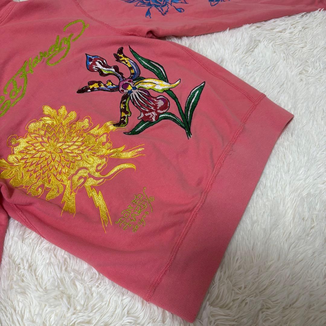 エドハーディ ピンク 刺繍ジップパーカー 花×骸骨 難あり