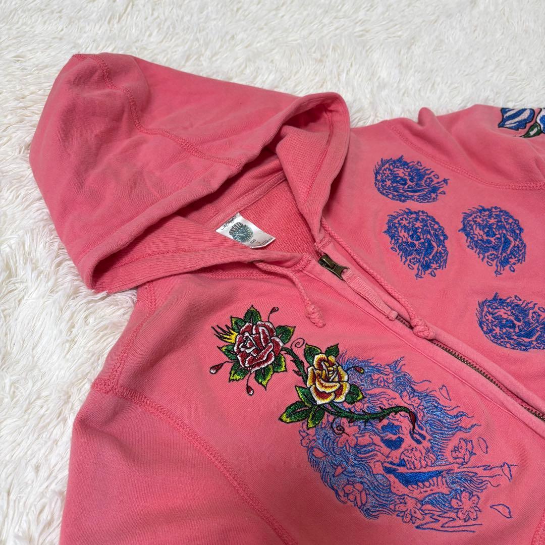 エドハーディ ピンク 刺繍ジップパーカー 花×骸骨 難あり