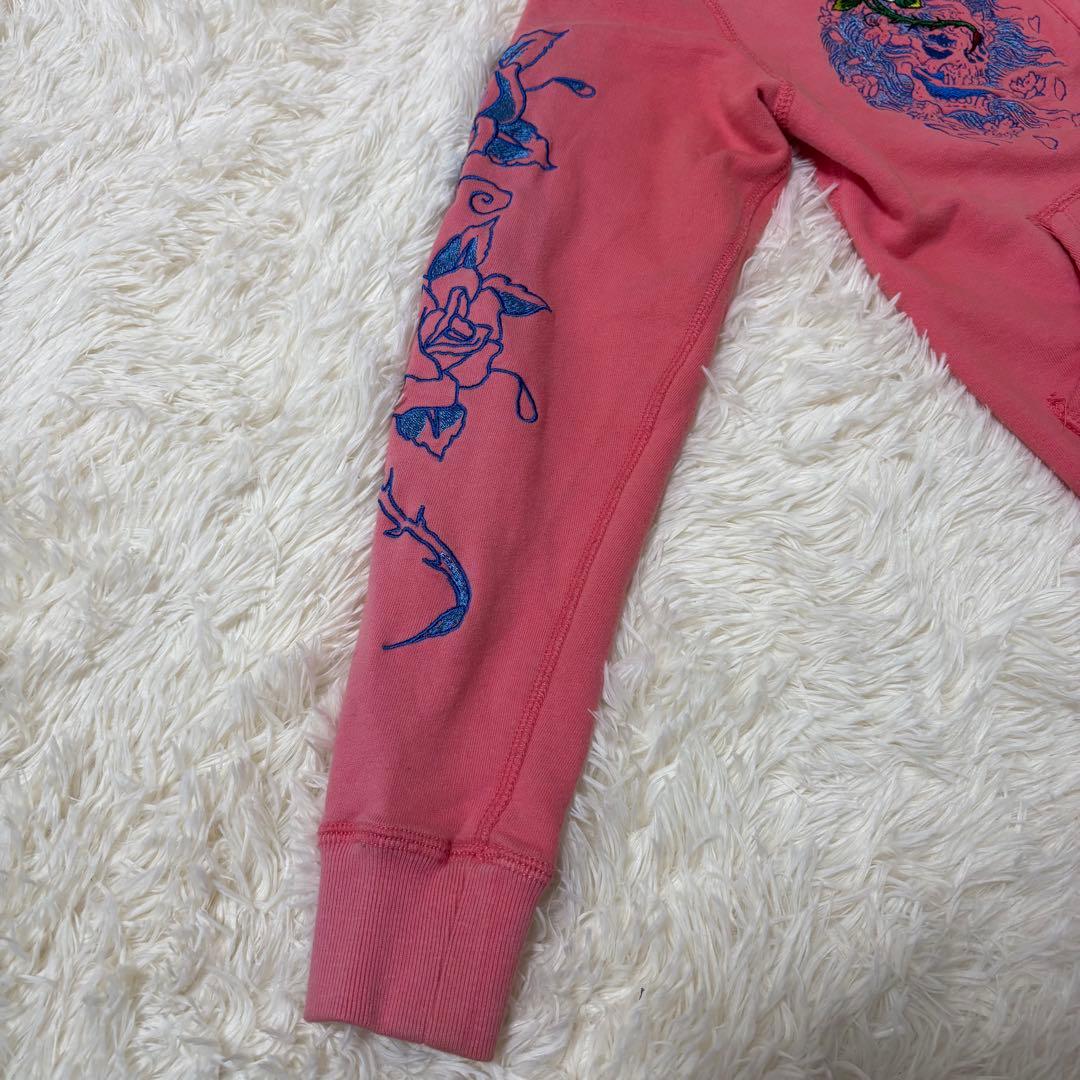 エドハーディ ピンク 刺繍ジップパーカー 花×骸骨 難あり