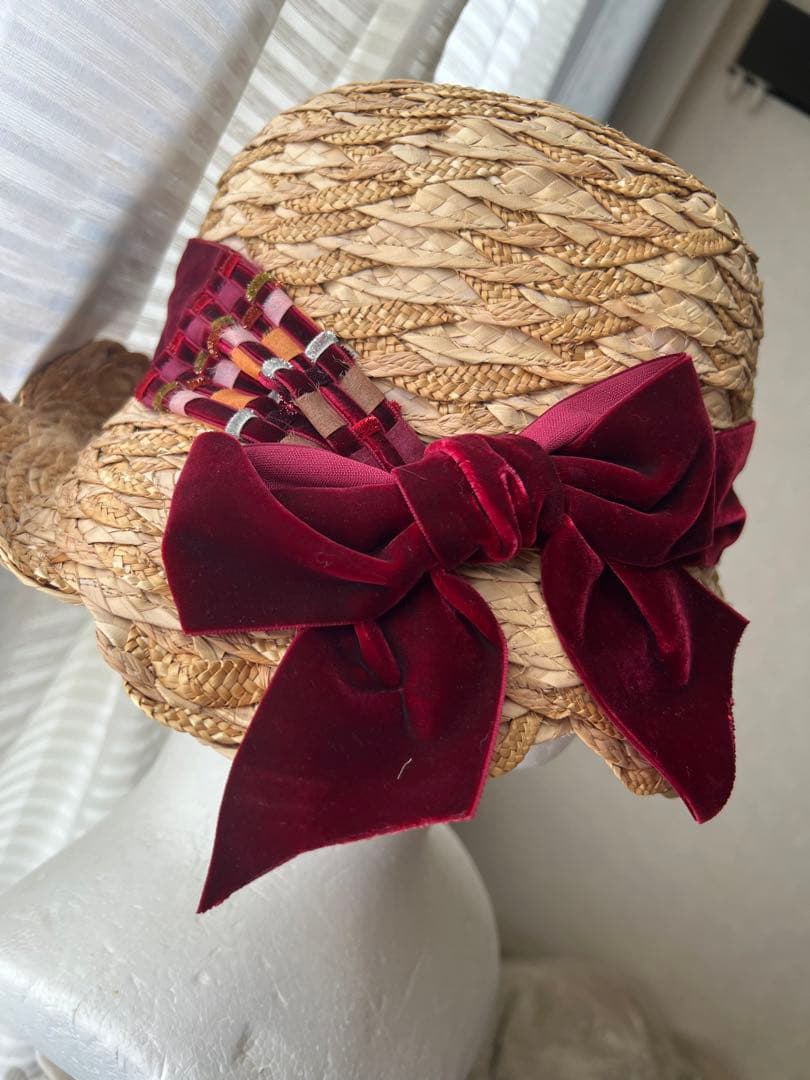 CA4LA 高級麦わら帽子　ストローハット リボン　ベロア　美品
